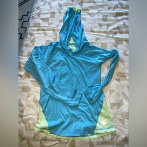 Blue and Green Hooded Long Sleeve Shirt